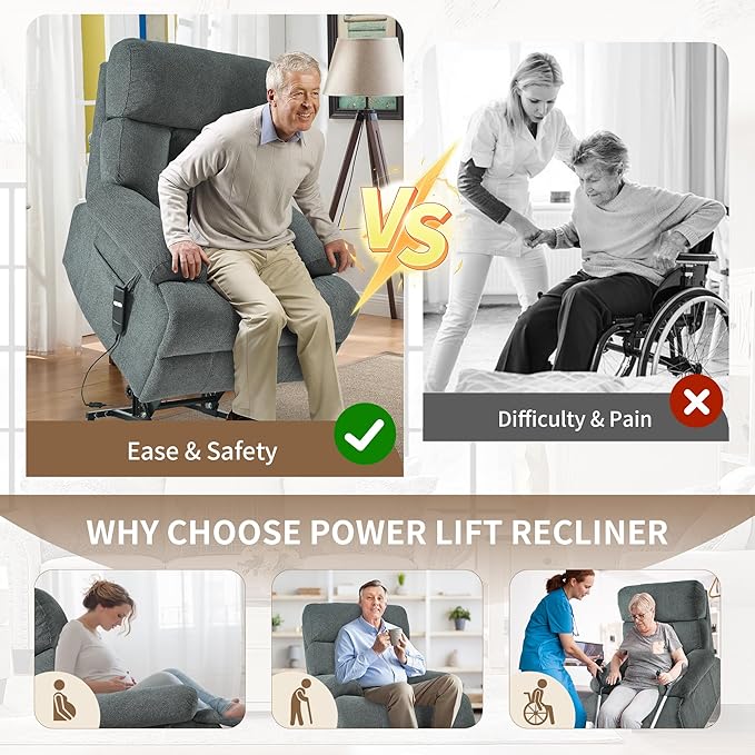 Power Lift Chair Recliners for Elderly, Overstuffed Electric Lift Recliner Chair with Widened Footrest Side Packets for Living Room Bedroom-Ruum Studio Home
