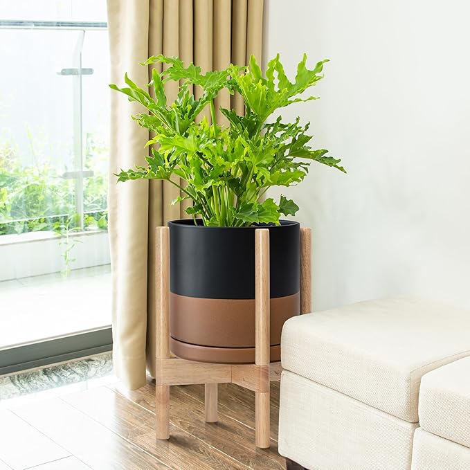 D'vine Dev Ceramic Planter with Natural Stand - 10 Inch Modern Round Flower Pot with Wood Planter Holder, Black/Speckled Tan, 55-B-K-7-Ruum Studio Home