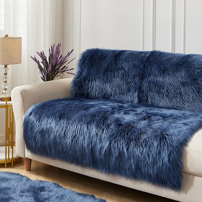 AMTOVO Faux Fur Sheepskin Rug for Living Room, 4 x 6 ft Dark Blue Fluffy Area Rug for Bedroom, Playroom, Luxury Room Decor, Rectangle-Ruum Studio Home
