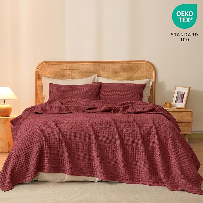 PHF 100% Cotton Waffle Weave Blanket Twin Size, Soft Lightweight Breathable Cozy Summer Blankets for Bed, Luxury Aesthetic Woven Bedding for Home Decor, 66"x90", Wine Red-Ruum Studio Home