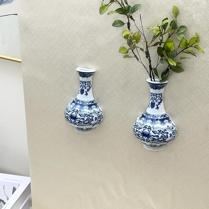 Set of Two Blue and White Porcelain Wall Vases for Flowers – Handmade Chinoiserie Ceramic Wall Mounted Flower Vase, Decorative Hanging Vases for Living Room, Bookshelf & Indoor Décor-Ruum Studio Home
