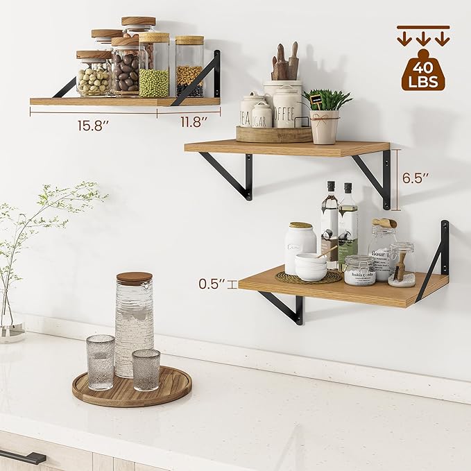 Heimlove Deep Floating Shelves for Wall, 12 Inch Deep Floating Shelves Set of 3, 16W x 12D Wood Wall Shelves, Wide Wood Shelves with Metal Bracket for Living Room, Kitchen, Office, Bedroom - Oak-Ruum Studio Home