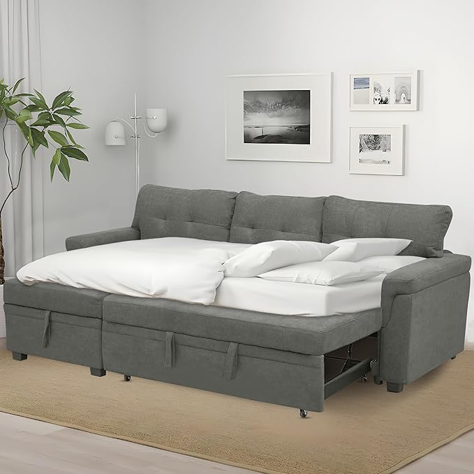 Naomi Home Transform Any Space: Sleeper Sectional Sofa with Convertible Sofa Bed & Inviting Chaise. Find Tranquil Comfort with Stress-Relieving Design & Durable Cushions - Gray/Velvet-Ruum Studio Home