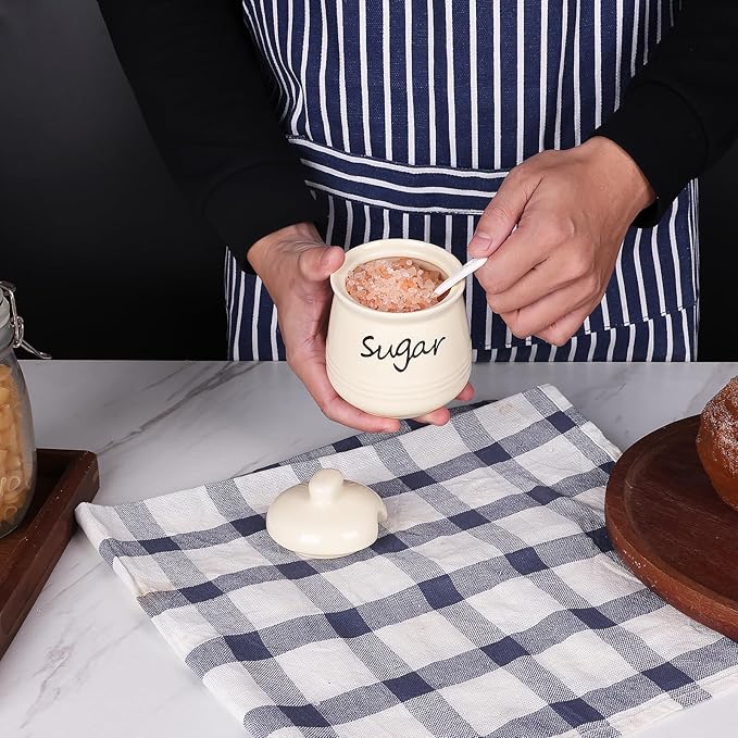 HAOTOP 12oz Sugar Bowl with Lid and Spoon,Ceramic Sugar Jar Sugar Dispenser Sugar Container Coffee Bar Accessories, Kitchen Countertop Canisters, Beige-Ruum Studio Home
