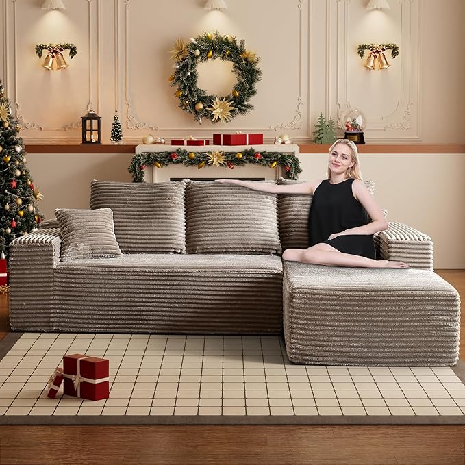HYJT H&K Modular Sectional Sofa Cloud Couch, 107" Comfy L Shaped Sectional Couches for Living Room, Deep Seat Memory Foam Plush Fluffy Corduroy Boneless Couch Sectionals Right Facing Sofa Chaise Brown-Ruum Studio Home