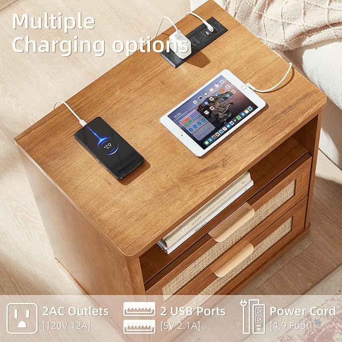 LEYAOYAO Boho Rattan Coffee Table and End Table Sets, 48" Wide Center Tables & 23" Night Stand with Charging Station Chest of Drawers, Brown Wood Coffee Table for Living Room 3 Piece Set-Ruum Studio Home