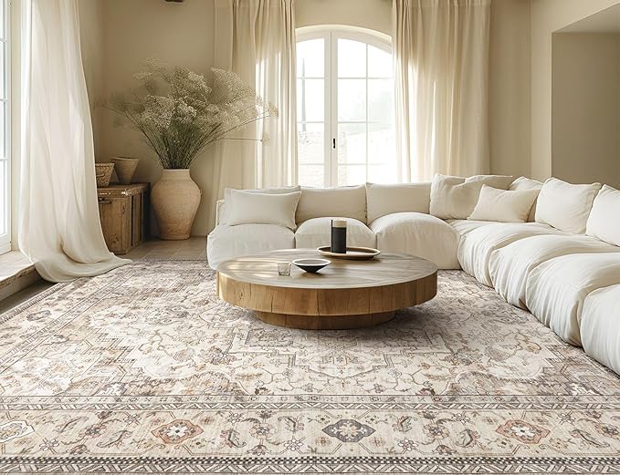 Washable Area Rugs for Living Room -10x12 Neutral Vintage Distressed Floral Farmhouse Boho Large Soft Floor Rug Indoor Non Slip Carpet for Living Room Bedroom Dining Room Office-Brown/Multi-Ruum Studio Home