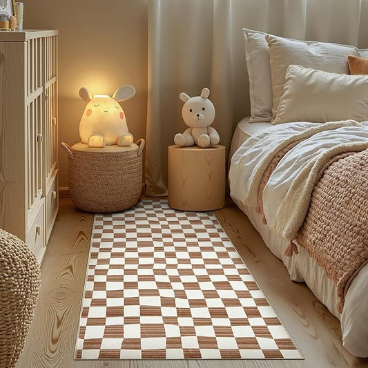 jinchan Runner Rug 2x6 Hallway Washable Modern Checkered Geometric Lattice Kids Bedroom Rug Indoor Floor Cover Non Slip Soft Carpet for Nursery Room Kitchen Laundry Room Home Brown-Ruum Studio Home