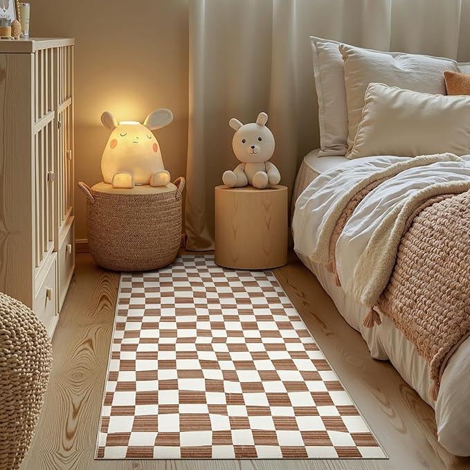 jinchan Runner Rug 2x5 Hallway Washable Modern Checkered Geometric Lattice Kids Bedroom Rug Indoor Floor Cover Non Slip Soft Carpet for Nursery Room Kitchen Laundry Room Home Brown-Ruum Studio Home