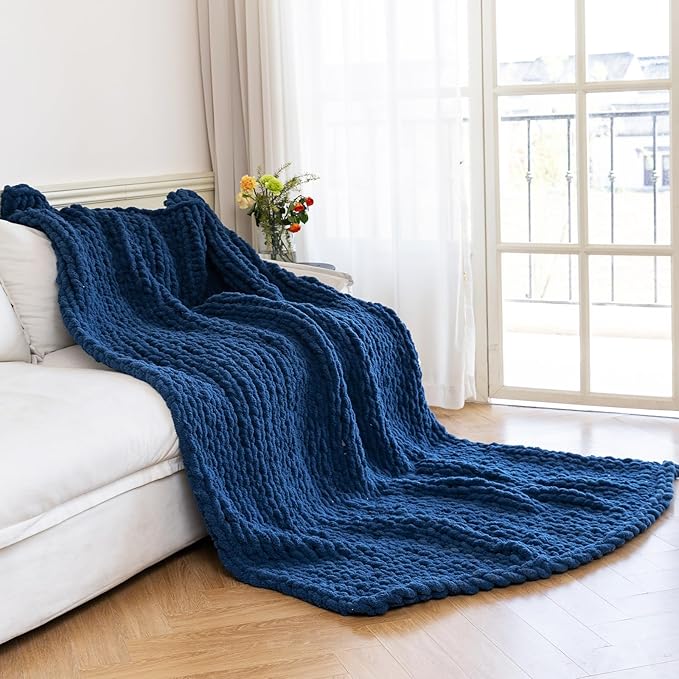 Chunky Knit Blanket - Luxury Soft Cozy 40 * 50 Throw Blanket,100% Woven Blanket Rope Knot Throw Blanket for Couch, Sofa, Home Decor, Gift - Machine Washable（Deep Blue）-Ruum Studio Home