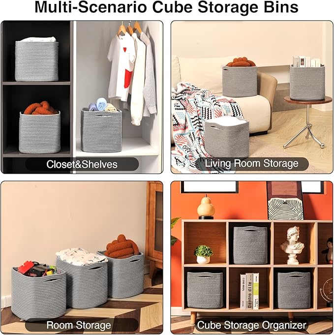 11 Inch Cube Storage Bins, Storage Cube Organizer Bins, Woven Cotton Rope Basket for Storage, Storage Baskets for Organizing Shelves, Grey Baskets for Toys Nursery, Grey (Pack of 3)-Ruum Studio Home