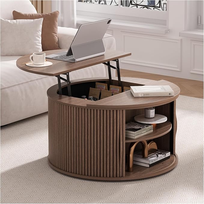 Round Coffee Table with Lifting Top,31.5”Mid Century Modern Lift Top Coffee Table with Hidden Compartment,Fluted Small Center Table for Living Room,Walnut-Ruum Studio Home