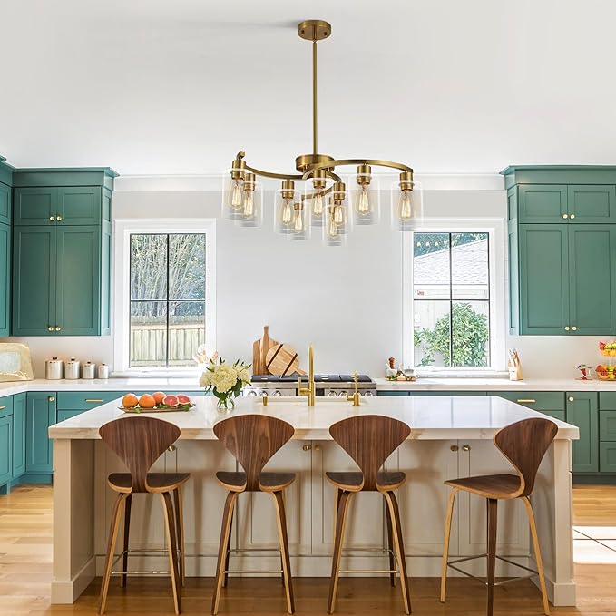 9-Light Gold Glass Chandelier, Adjustable Height Dining Room Light Fixtures Over Table, Contemporary Hanging Chandelier for Kitchen Island Living Room Foyer Office, Clear Glass Shade-Ruum Studio Home