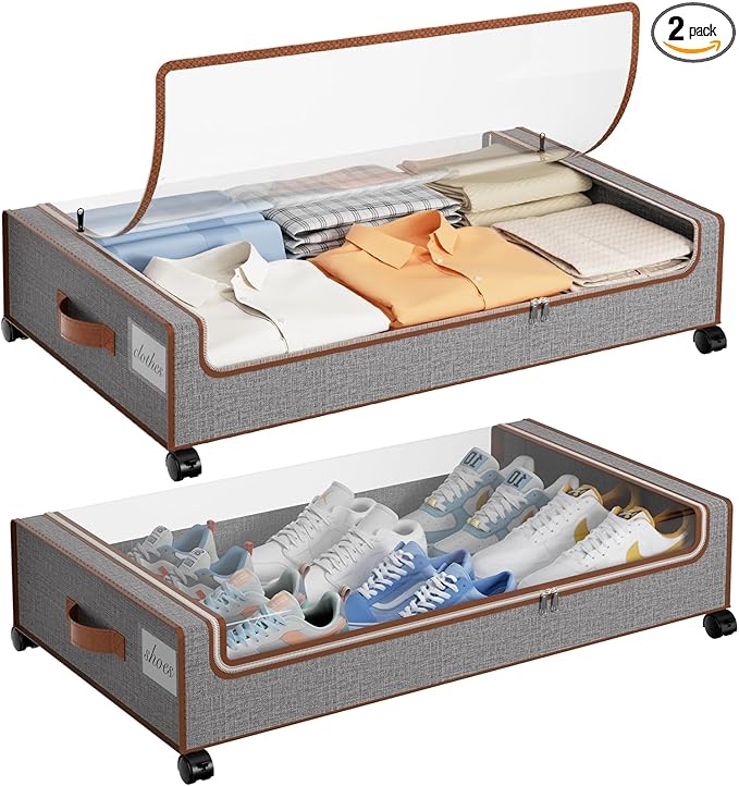 Yecaye Under Bed Storage with Wheels, 2 Pack Under Bed Storage Containers with Clear Lids & Label, XXL Large Lapacity Rolling Under Bed Drawers for Clothes, Shoes, Blankets-Ruum Studio Home
