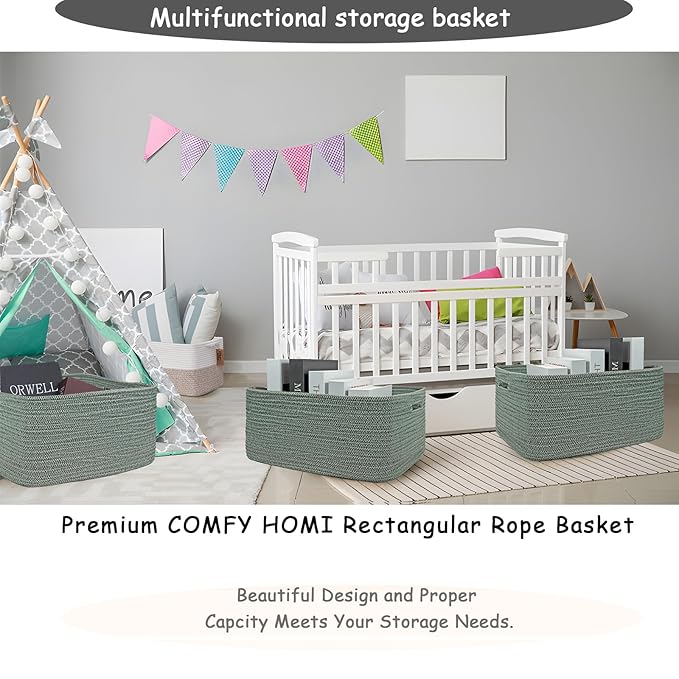 COMFY-HOMI Cotton Rope Woven Basket with Handles for Shelves,Toys,Book, Cloth Storage Baskets for Organizing-17" x 13" x 7.5" Toy Decorative Organizer for Living Room, Bathroom （Green）-Ruum Studio Home