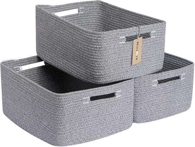 Large Storage Baskets for Shelves, Closet Organizers Bins for Clothes Blanket Towels, Baby Nursery, Toy Baskets Box, Woven Rope Baskets, 17 x 13 x 7.5”, 3 Packs Mixed Grey-Ruum Studio Home