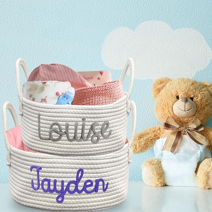 Personalized Baby Basket with Name Custom Cotton Rope Storage Bin for Diaper Caddy, Organizer, Keepsake - Shower Gift-Ruum Studio Home