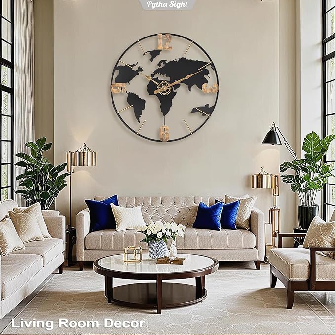 24 Inch Large Wall Clock,Modern Decorative Big World Map with Vintage Gold Arabic Numeral Extra Giant Metal Oversized Wall Clocks for Living Room,Office,Kitchen,Dining Room,Bedroom