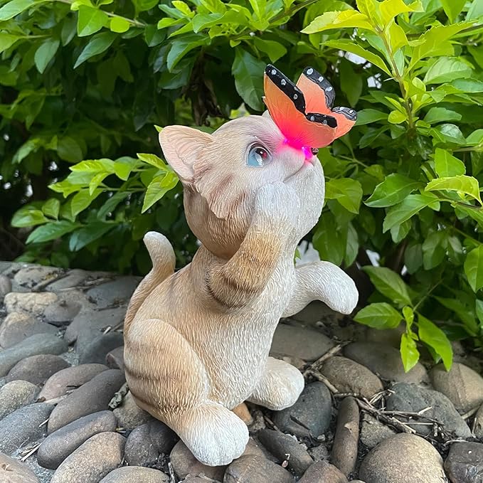 Garden Decor Solar Cat Figurines Cat Lover Gifts with LED Butterfly Lights for Indoor Outdoor Decor for Yard Garden Patio Decor Gifts for Women Grandma Mother's Day Birthday-Ruum Studio Home
