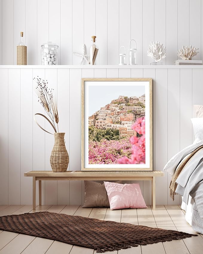 HesenDot Natural OAK Wood Amalfi Coast Framed Wall Art,12x16in Italy Beach Canvas Wall Print, Pink Flowers House Boho Wall Decor for Living Room,Bedroom,Office Gallery Gifts Set of 1-Ruum Studio Home