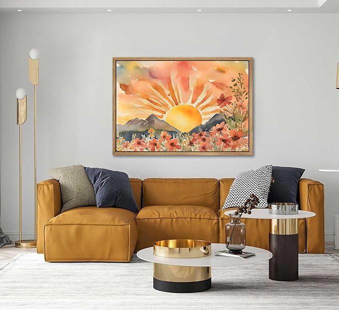 Framed Boho Sun Canvas Wall art Mid-Century Modern Abstract Bohemian Sunset in The Mountains Watercolor Wildflowers Sunrise Landscape Picture Wall Decor Poster Print Artwork for Living Room-Ruum Studio Home