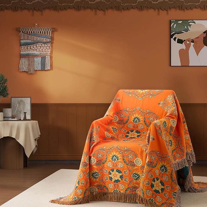 Boho Throw Blanket Twin Size, Soft Cozy Cotton Muslin Quilt Blanket for Bed Decor, Floral Patterned Couch Sofa Chair Cover, Vintage Farmhouse Cottage Tapestry Woven Blanket, Orange&Green-Ruum Studio Home