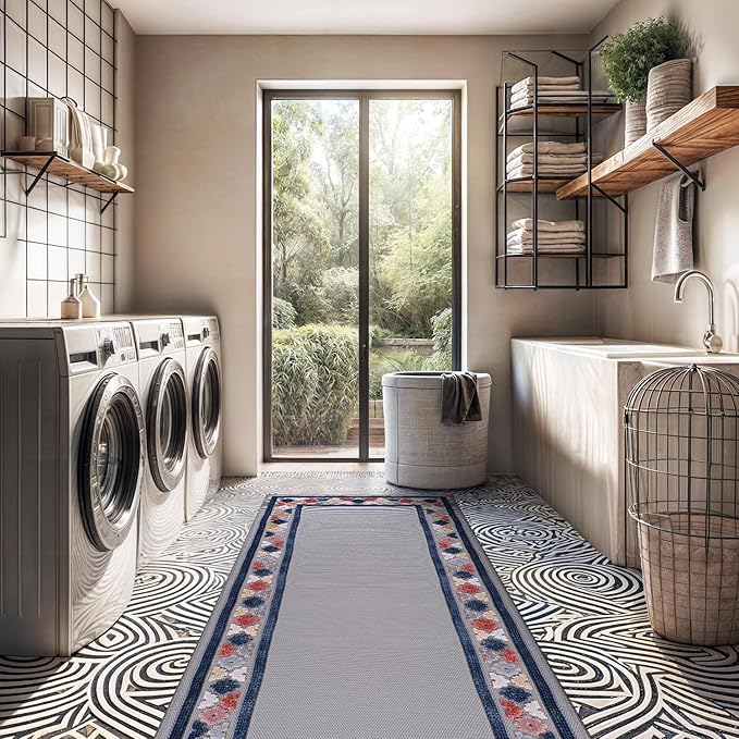 Beverly Rug Outdoor Runner Rug 2x7 Modern Floral Bordered Area Rugs for Indoor and Outdoor Patio Easy to Clean Non Shedding Living Room Porch Garden Washable Outside Carpet (2 x 7 Gray)-Ruum Studio Home