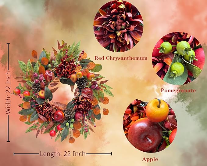 22 Inch Fall Chrysanthemum Wreath Harvest Floral Wreath with Apples Pinecones Berries and Eucalyptus Maple Leaves for Fall Thanksgiving Halloween Mantel Table Outdoor Front Door Wall Window-Ruum Studio Home