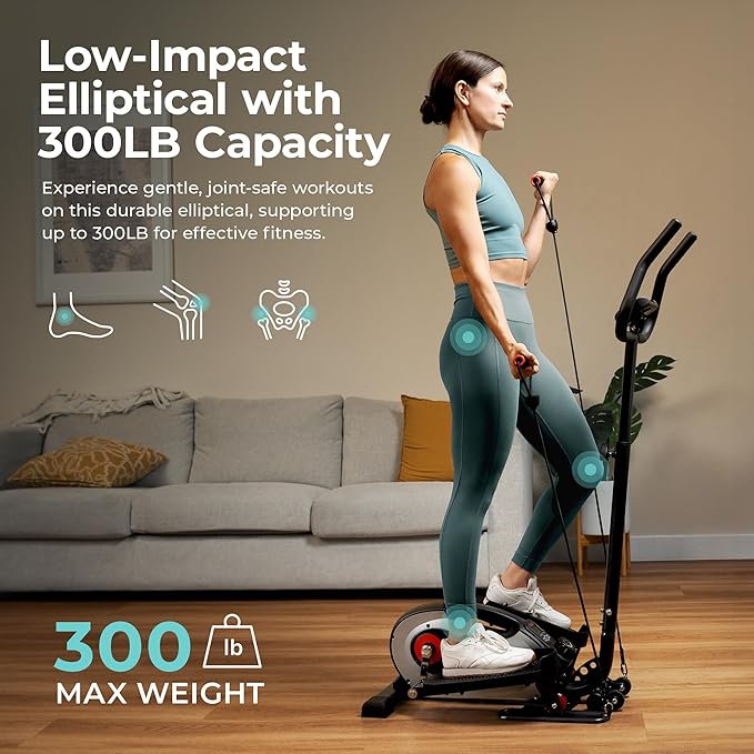Sunny Health & Fitness 2-in-1 Sit/Stand Mini Elliptical Machine, Portable Under Desk Peddler Exerciser for Senior Home Workout, Optional Free Sunnyfit App Bluetooth Link, Handlebars or Resistance Band-Ruum Studio Home