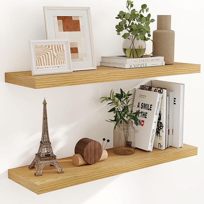 40 Inch Floating Shelvese, 40" W x 9" D Floating Shelf Set of 2, Farmhouse Wood Wall Shelves for Bedroom, Kitchen, Wall Mounted Deep Shelving for Home Decor, Oak Color-Ruum Studio Home