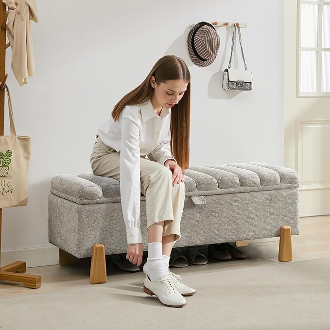 Storage Ottoman Bench, Bedroom Storage Bench Foot Rest with Legs, 17.1 x 48.6 x 18.5 Inches, End of Bed Bench, Load up to 500 lb, for Living Room, Bedroom, Entryway, Light Gray-Ruum Studio Home
