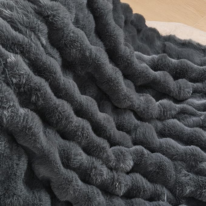 Lotus Karen Queen Size Faux Fur Blanket Dark Gray - Big Bubble Rabbit Fluff Throw for Bed Large Fluffy Fuzzy Cozy Thick Furry Plush Shaggy Blankets 90x90 Inches-Ruum Studio Home