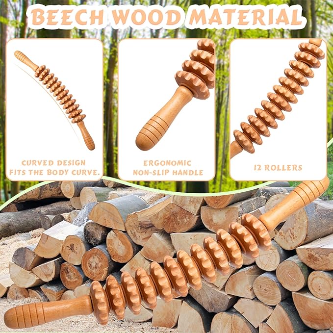 Curved Wood Therapy Massage Roller Tools,Lymphatic Drainage, Cellulite Massage & Wooden Muscle Roller Stick for Waist and Thigh, Stomach Rolling Massager Tool （with White Box）-Ruum Studio Home