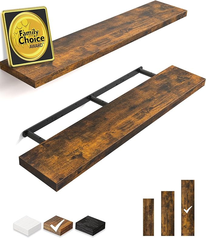 BAYKA Floating Shelves, 48 inches Long Wall Mounted Rustic Wood Shelves for Bathroom, Bedroom, Living Room, Kitchen, Office, Hanging Shelf for Books/Storage/Decor(Rustic Brown,Set of 2)-Ruum Studio Home