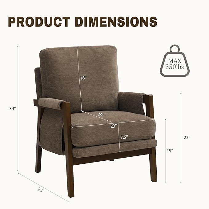 Modern Accent Chair for Living Room Mid Century Arm Chair Upholstered Bedroom Chair Comfy Lounge Chair with Solid Wood Frame, Dark Brown-Ruum Studio Home