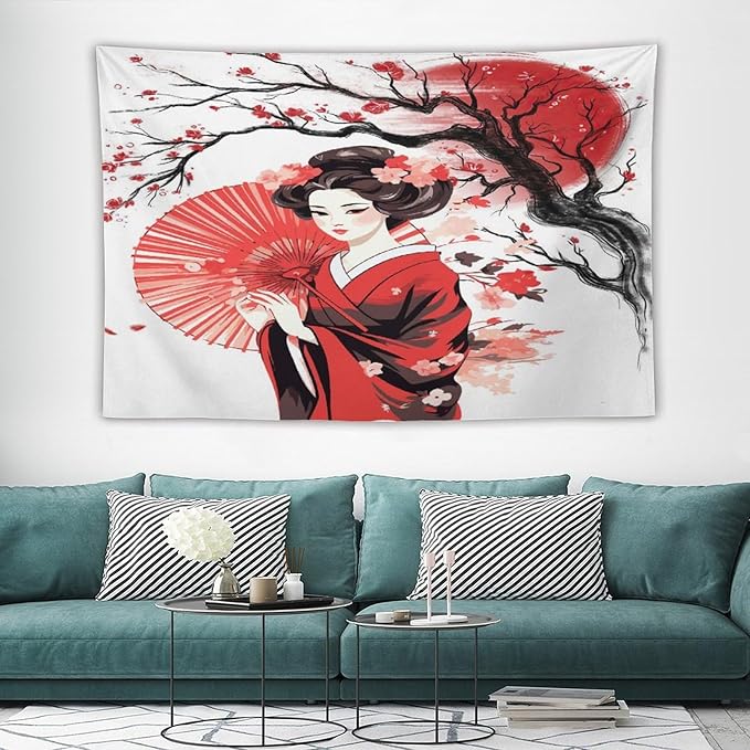 Japanese Red Geisha Tapestry Asian Cherry Blossom Traditional Kimono Folk Tapestries Home Decor for Living Room Bedroom Apartment Farmhouse Dorm 60"x40"-Ruum Studio Home