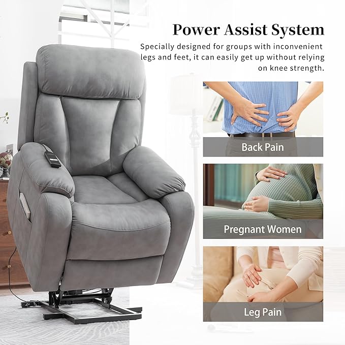 Power Lift Chair Recliners for Elderly, Leathaire Modern Adult Power Lift Chair Overstuffed Electric Lift Recliner Chair with Side Pocket for Living Room Bedroom (Light Gray)-Ruum Studio Home