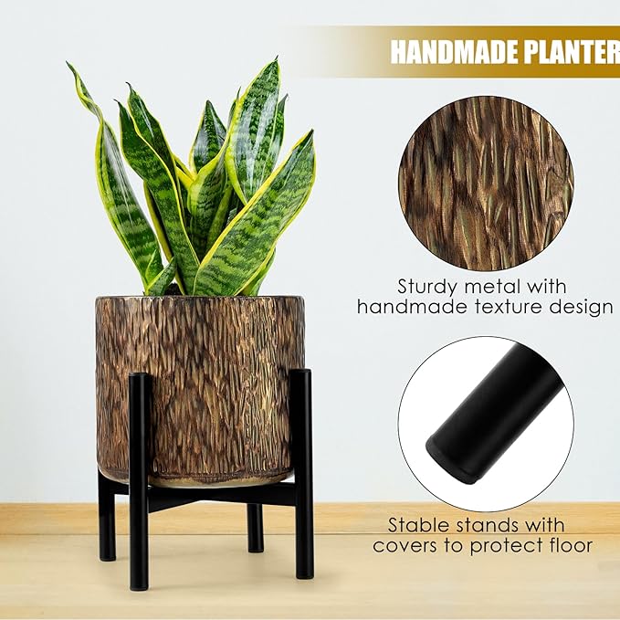 Harvest Land Plant Pots with Stand, Set of 2 Large Modern Planters Metal Tall Handmade Flower Pots with Drainage Holes Indoor Outdoor,Bronze-Ruum Studio Home
