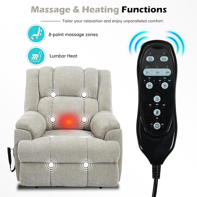 Power Lift Recliner Chair with Massage and Heat for Elderly People, Dual Motor Electric Lift Chair with Power-Remote, Medium-Firm and Heavy Duty, Chenille Fabric - Beige-Ruum Studio Home