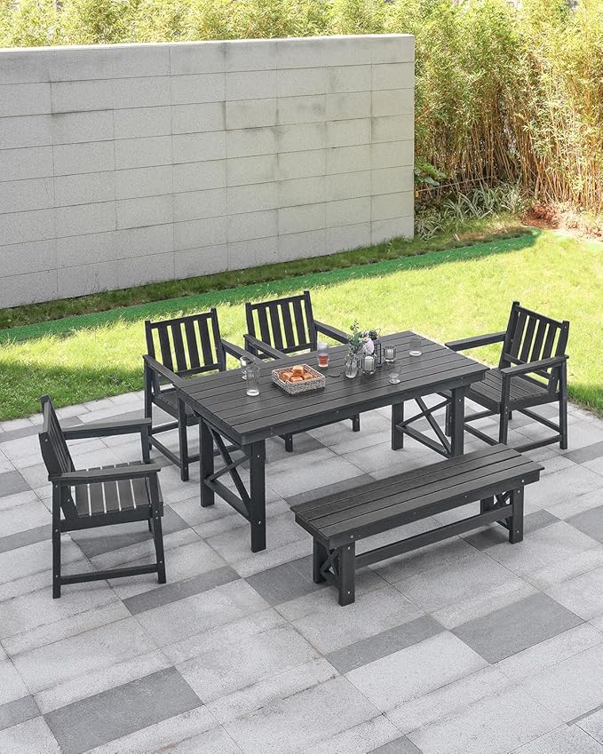 HDPE Outdoor Bench, 55" Patio Bench Outdoor Furniture, Poly Lumber Adirondack Benches, Fade-Resistant HDPE Garden Backless Benches for Park, Poolside, Garden, Porch, Obsidian-Ruum Studio Home