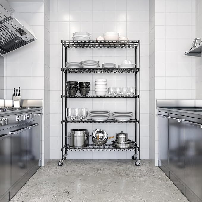Seville Classics UltraDurable Heavy Duty NSF Solid Steel Wire Rack Storage Unit, Organizer for Garage, Warehouse, Office, Restaurant, Classroom, Kitchen, Black, 5-Tier Shelving, 48" W x 18" D-Ruum Studio Home