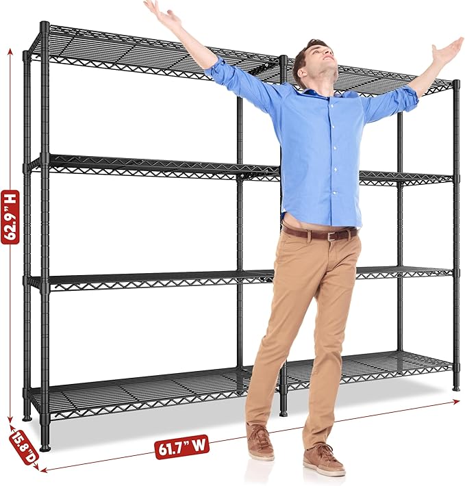 REIBII 61.7''W Storage Shelves Load 1220LBS Wire Shelving Unit 4 Tier Metal Shelving for Storage Rack Shelves Heavy Duty Garage Shelf Pantry Shelves Kitchen Shelving, 61.7" W*62.9" H*15.8" D, Black-Ruum Studio Home