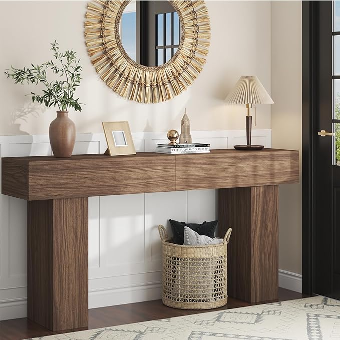 63 Inch Long Console Table for Entryway, Farmhouse Wood Rectangular Sofa Table Behind Couch Table, Narrow Entryway Table for Living Room, Entrance, Hallway, Foyer, Easy Assembly (Brown)-Ruum Studio Home