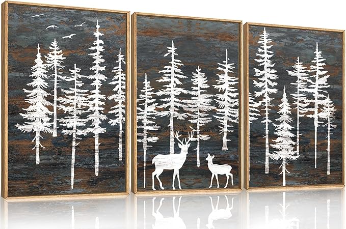Modern White Forest Framed Canvas Wall Art Set, Minimalist Woodland Art Painting, Retro Tree Landscape Wall Decor, Wildland Deer Artwork for Living Room, Dining Room, Office - 16"x24"x3-Ruum Studio Home
