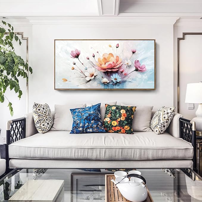 amatop Framed Floral Canvas Wall Art Picture Large Pink Blue Abstract Bloom Bouquet Print with Daisy Peony Elegant Botanical Nature Artwork for Living Room Bedroom Dining Room Entryway Decor 48x24 inch-Ruum Studio Home