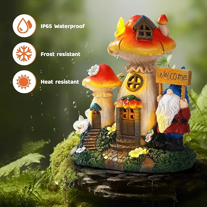 Solar Garden Statue Lights Mushroom Fairy House Figurine, Outdoor Memorial Garden Ornaments Waterproof Decoration for Outside Patio Yard Lawn Decor-Ruum Studio Home