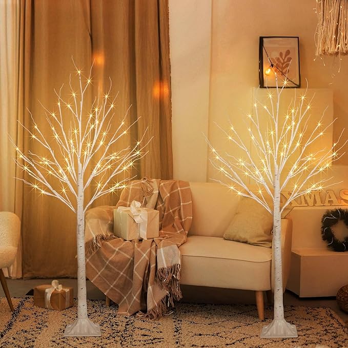 2 Pack 4FT 100LED Christmas Lighted Birch Tree, Timer Function Prelit Artificial Tree Lamp Plug in with Warm White Lights, 2 Modes Twinkling Twig Trees for Indoor Outdoor Party Christmas Decorations-Ruum Studio Home