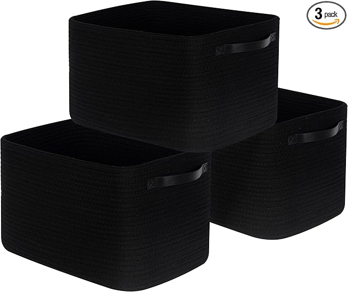 MINTWOOD Design 3-Pack Storage Baskets for Shelves, Decorative Baskets for Organizing, Woven Baskets for Storage, Book Basket Cube Bin Box, Pantry Closet, Shoe Organizer, Black / Black-Ruum Studio Home