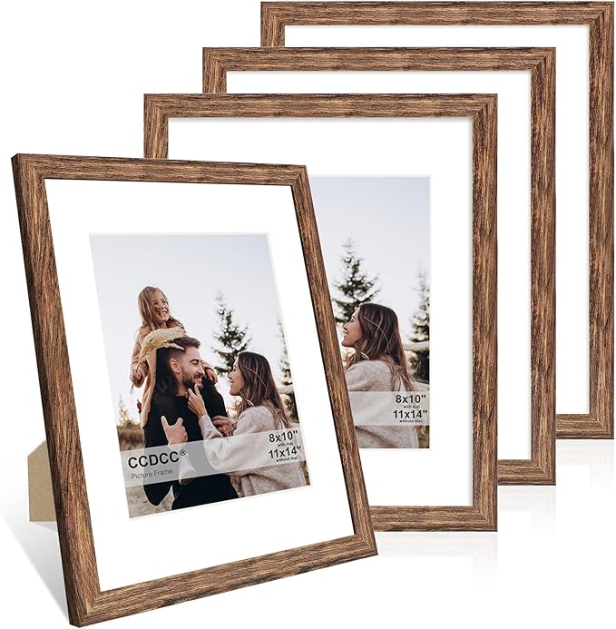 11x14 Picture Frame Set of 4, 11 x 14 Wood Photo Frames with Mat for 8x10, Natural Wooden Frame with Real Glass Cover for Wall and Tabletop Display,Rustic Brown-Ruum Studio Home