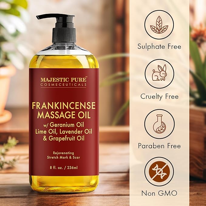 MAJESTIC PURE Frankincense Scar and Stretch Massage Oil for Massage Therapy - Refreshing, and Relaxing - Natural Oils with Frankincense Essential Oil - for All Skin Types - Men and Women - 8 fl oz-Ruum Studio Home